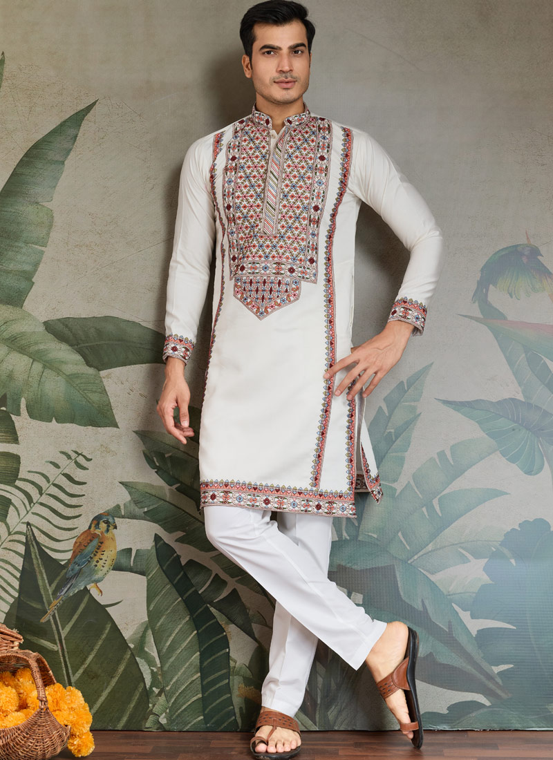 White Viscose Silk Sequins Embroidered Navratri Mens Kurta