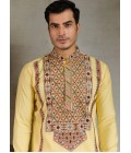 Yellow Viscose Silk Thread Embroidered Navratri Mens Kurta