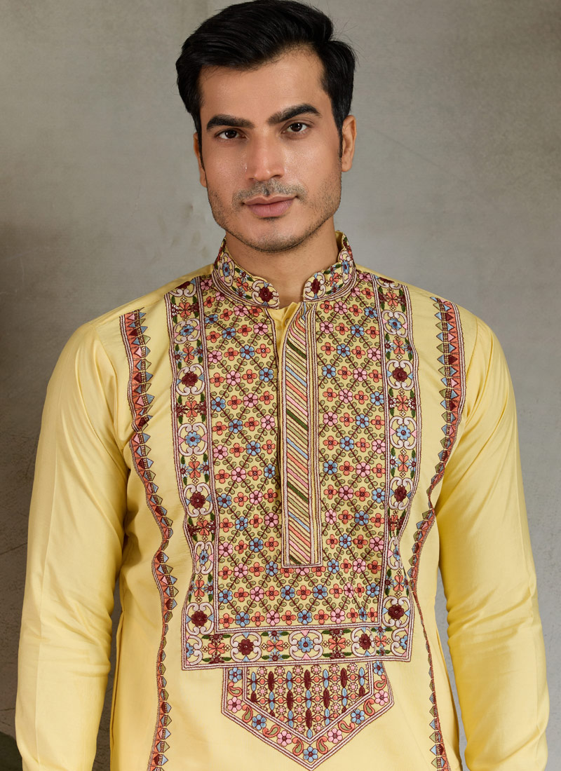 Yellow Viscose Silk Thread Embroidered Navratri Mens Kurta