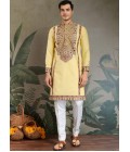 Yellow Viscose Silk Thread Embroidered Navratri Mens Kurta