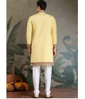 Yellow Viscose Silk Thread Embroidered Navratri Mens Kurta