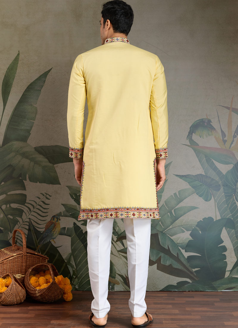 Yellow Viscose Silk Thread Embroidered Navratri Mens Kurta