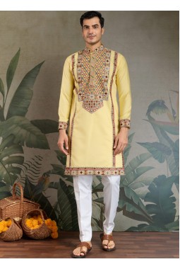 Yellow Viscose Silk Thread Embroidered Navratri Mens Kurta