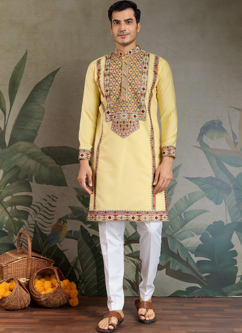 Yellow Viscose Silk Thread Embroidered Navratri Mens Kurta