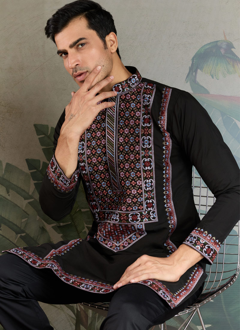 Black Viscose Silk Sequins Embroidered Navratri Mens Kurta