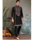 Black Viscose Silk Sequins Embroidered Navratri Mens Kurta