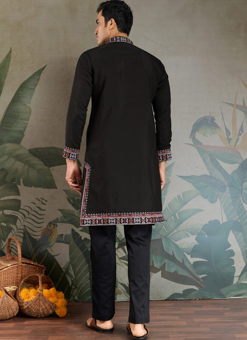 Black Viscose Silk Sequins Embroidered Navratri Mens Kurta