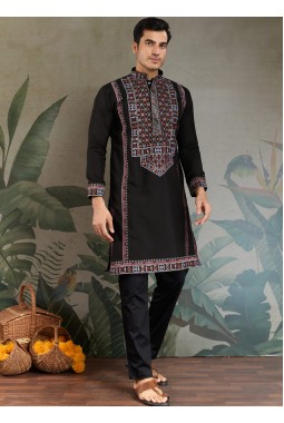 Black Viscose Silk Sequins Embroidered Navratri Mens Kurta