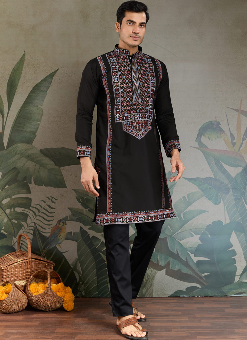 Black Viscose Silk Sequins Embroidered Navratri Mens Kurta