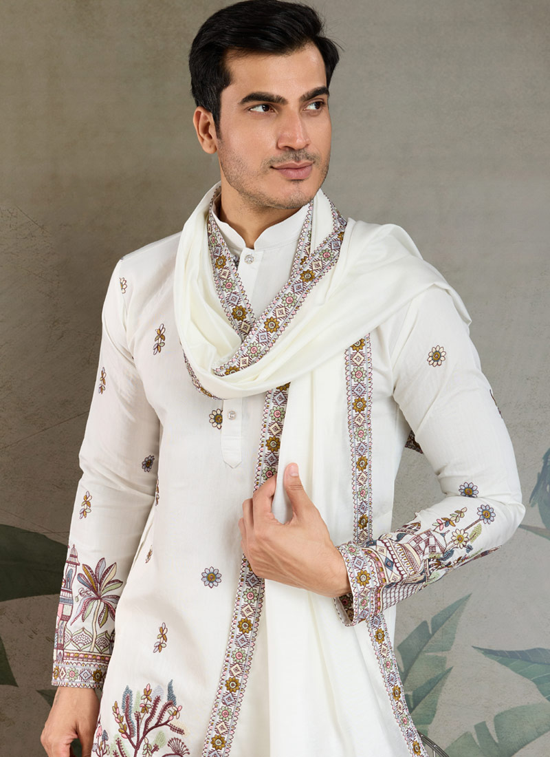 White Viscose Silk Sequins Embroidered Navratri Mens Kurta White Viscose Silk Sequins Embroidered Navratri Mens Kurta