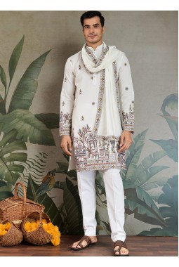 White Viscose Silk Sequins Embroidered Navratri Mens Kurta