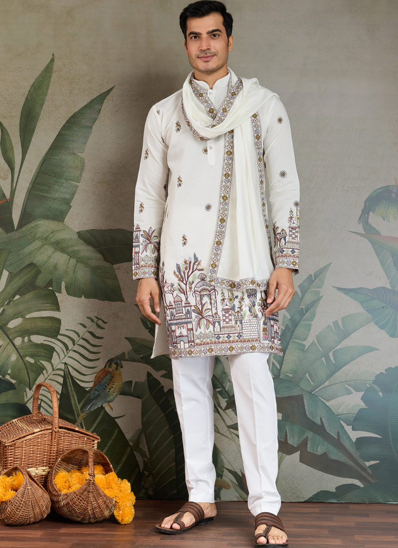 White Viscose Silk Sequins Embroidered Navratri Mens Kurta White Viscose Silk Sequins Embroidered Navratri Mens Kurta