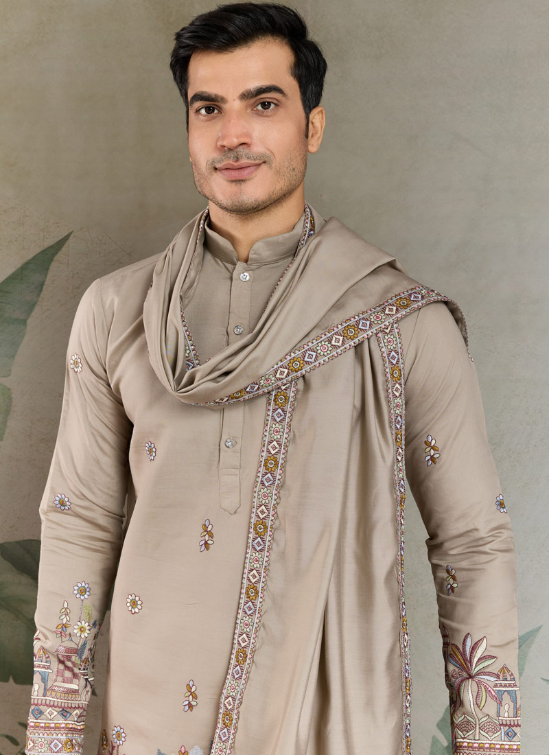 Ivory Viscose Silk Sequins Embroidered Navratri Mens Kurta Ivory Viscose Silk Sequins Embroidered Navratri Mens Kurta