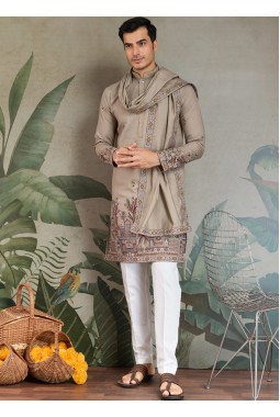 Ivory Viscose Silk Sequins Embroidered Navratri Mens Kurta