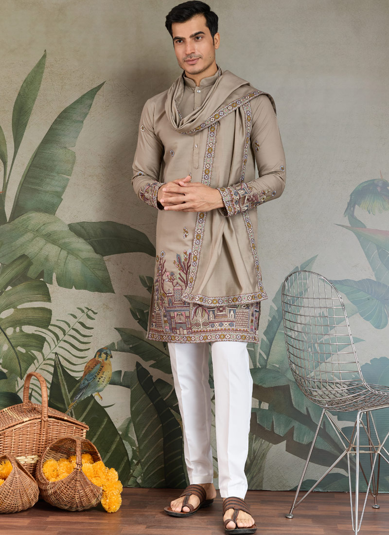 Ivory Viscose Silk Sequins Embroidered Navratri Mens Kurta Ivory Viscose Silk Sequins Embroidered Navratri Mens Kurta