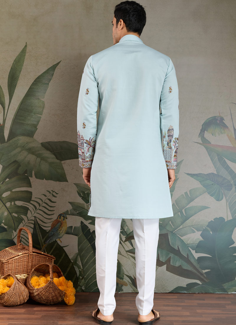 Sky Viscose Silk Sequins Embroidered Navratri Mens Kurta Sky Viscose Silk Sequins Embroidered Navratri Mens Kurta