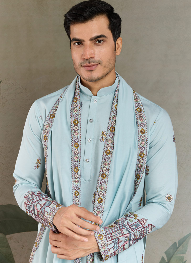 Sky Viscose Silk Sequins Embroidered Navratri Mens Kurta Sky Viscose Silk Sequins Embroidered Navratri Mens Kurta
