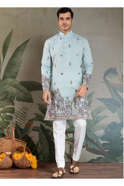 Sky Viscose Silk Sequins Embroidered Navratri Mens Kurta