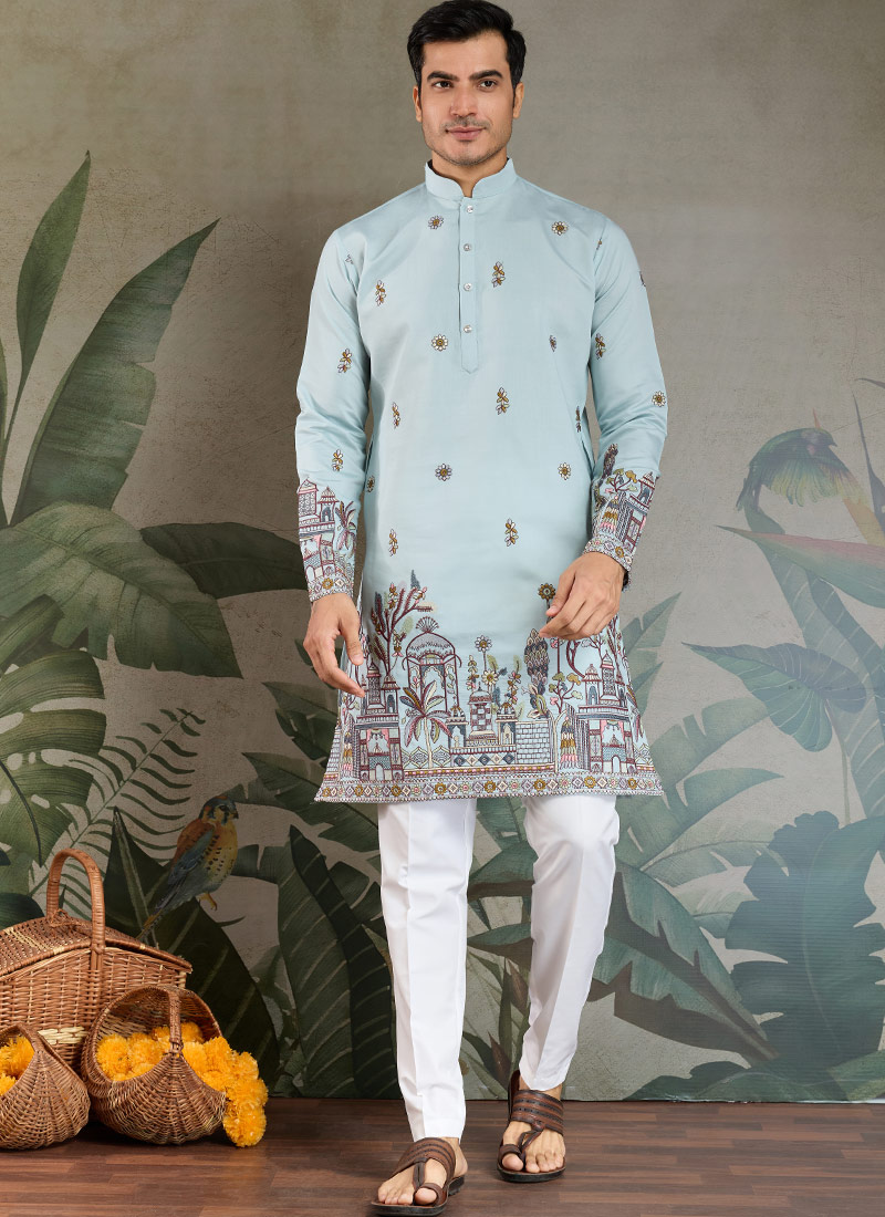 Sky Viscose Silk Sequins Embroidered Navratri Mens Kurta Sky Viscose Silk Sequins Embroidered Navratri Mens Kurta