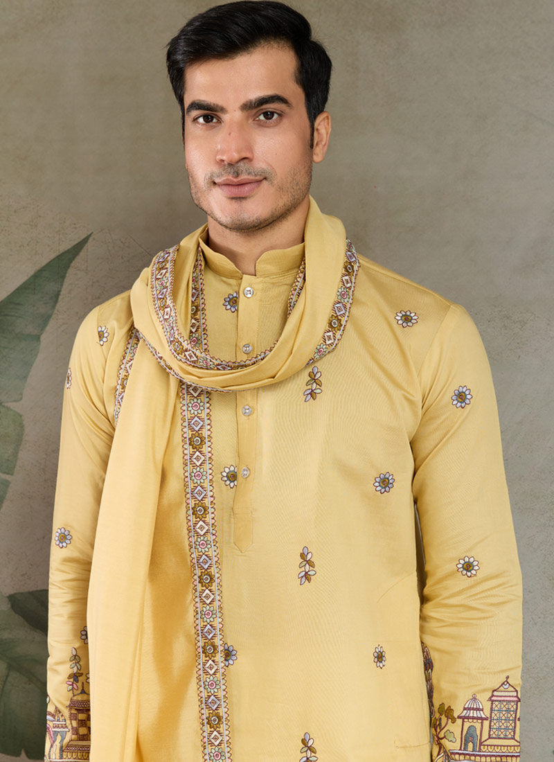 Yellow Viscose Silk Sequins Embroidered Navratri Mens Kurta Yellow Viscose Silk Sequins Embroidered Navratri Mens Kurta