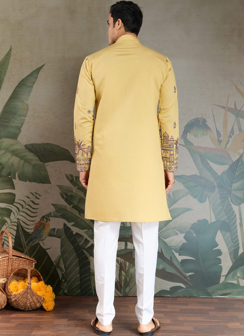 Yellow Viscose Silk Sequins Embroidered Navratri Mens Kurta Yellow Viscose Silk Sequins Embroidered Navratri Mens Kurta