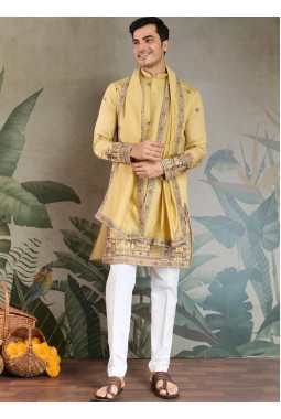 Yellow Viscose Silk Sequins Embroidered Navratri Mens Kurta