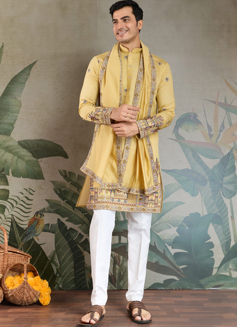 Yellow Viscose Silk Sequins Embroidered Navratri Mens Kurta Yellow Viscose Silk Sequins Embroidered Navratri Mens Kurta