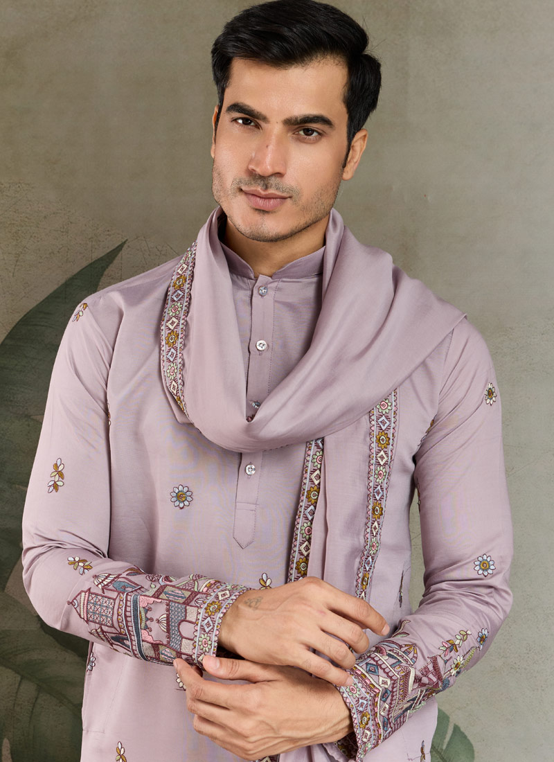 Dusty Pink Viscose Silk Sequins Embroidered Navratri Mens Kurta Dusty Pink Viscose Silk Sequins Embroidered Navratri Mens Kurta