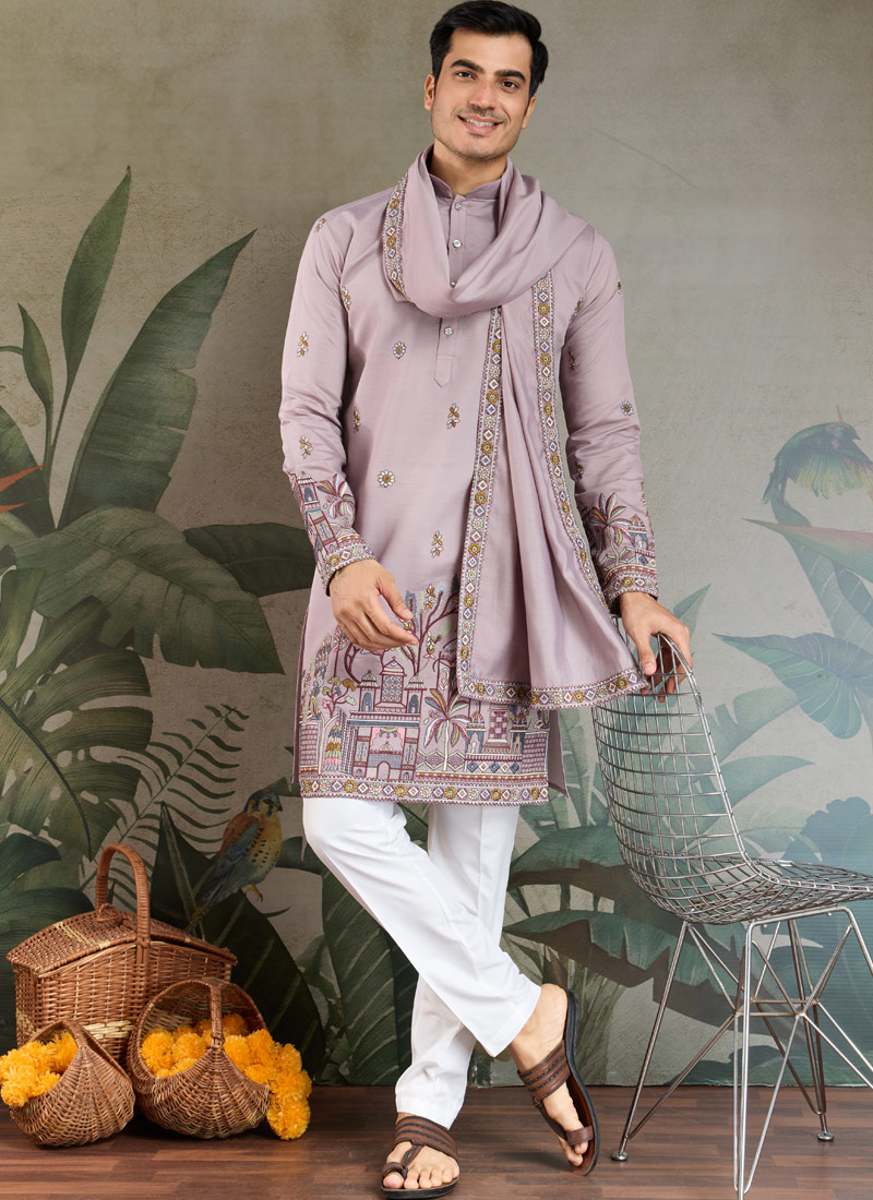 Dusty Pink Viscose Silk Sequins Embroidered Navratri Mens Kurta Dusty Pink Viscose Silk Sequins Embroidered Navratri Mens Kurta