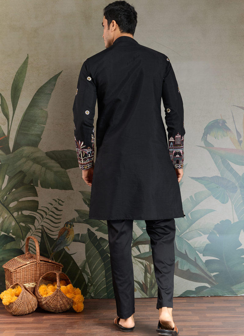 Black Viscose Silk Sequins Embroidered Navratri Mens Kurta Black Viscose Silk Sequins Embroidered Navratri Mens Kurta