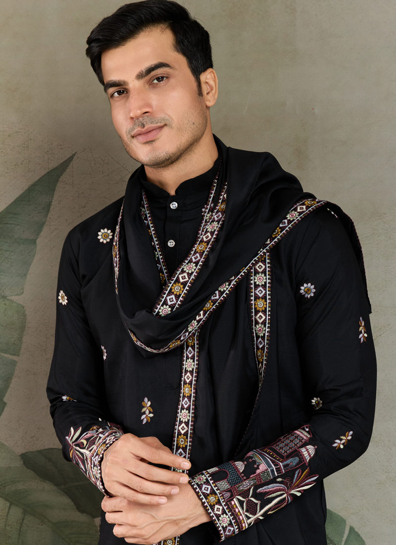 Black Viscose Silk Sequins Embroidered Navratri Mens Kurta Black Viscose Silk Sequins Embroidered Navratri Mens Kurta