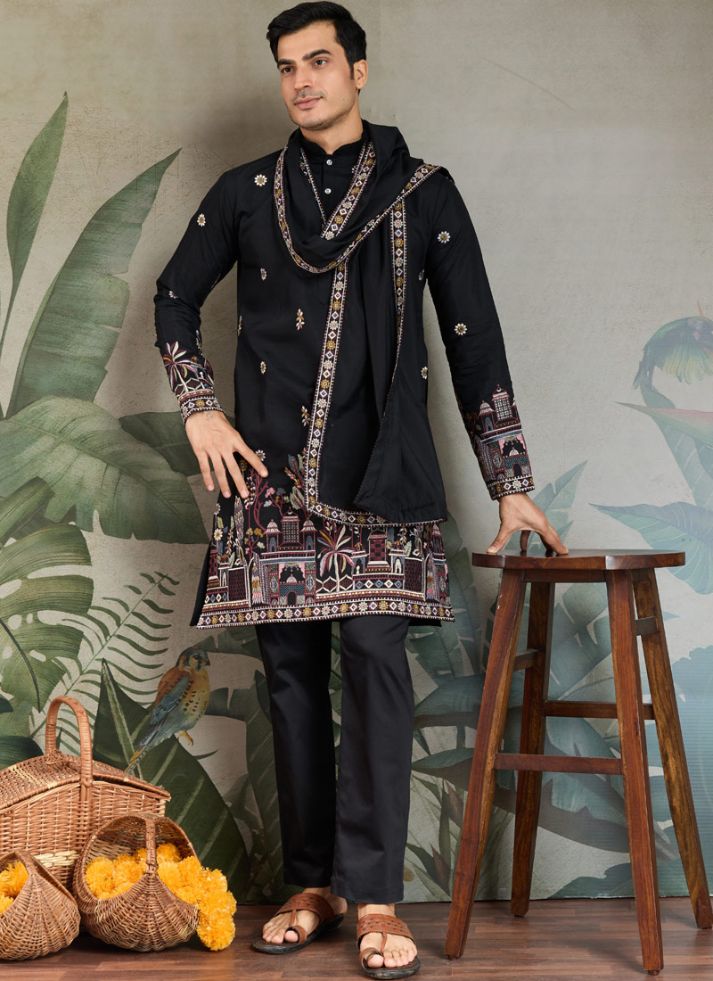 Black Viscose Silk Sequins Embroidered Navratri Mens Kurta Black Viscose Silk Sequins Embroidered Navratri Mens Kurta