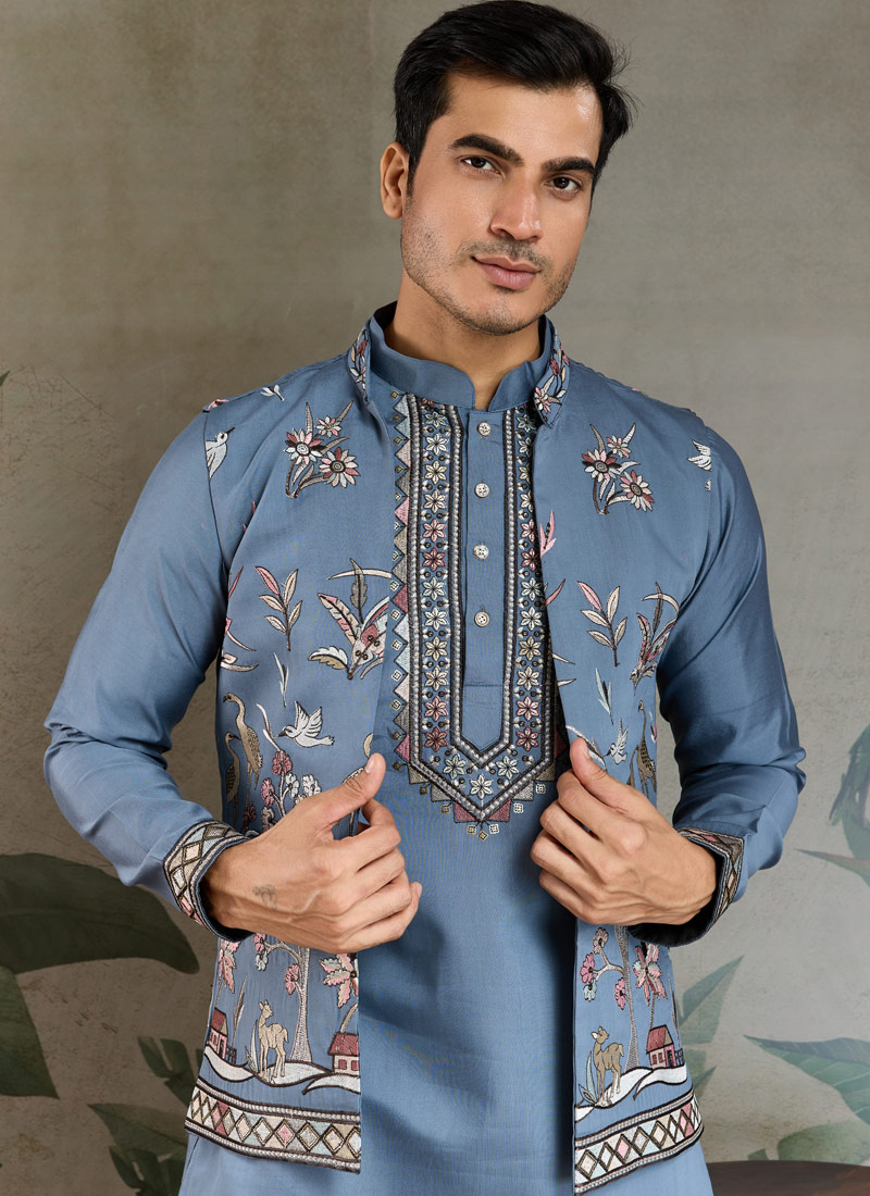 Blue Grey Viscose Silk Sequins Embroidered Navratri Kurta Blue Grey Viscose Silk Sequins Embroidered Navratri Kurta