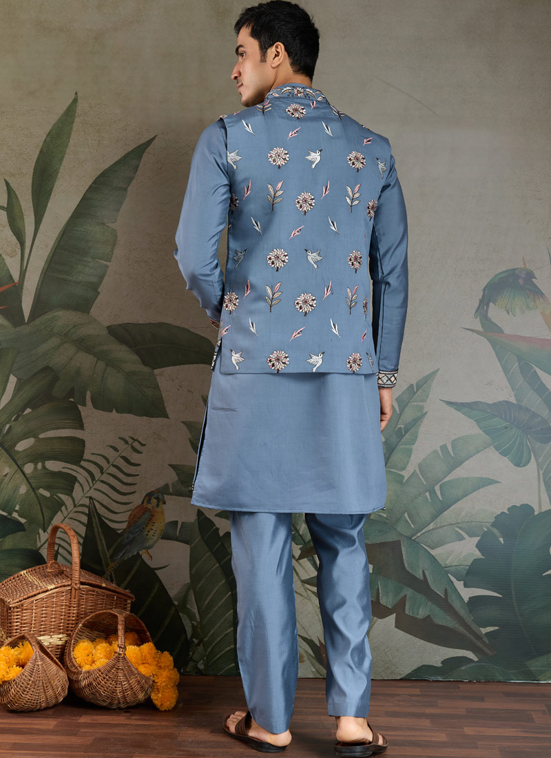 Blue Grey Viscose Silk Sequins Embroidered Navratri Kurta Blue Grey Viscose Silk Sequins Embroidered Navratri Kurta