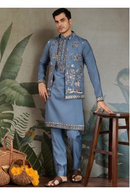 Blue Grey Viscose Silk Sequins Embroidered Navratri Kurta