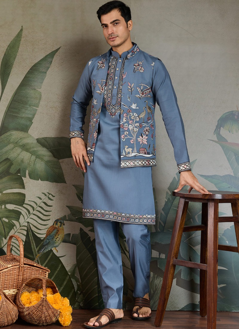 Blue Grey Viscose Silk Sequins Embroidered Navratri Kurta Blue Grey Viscose Silk Sequins Embroidered Navratri Kurta