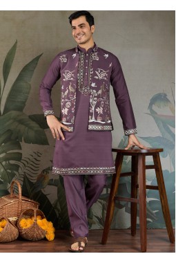 Rust Purple Viscose Silk Thread Embroidered Navratri Kurta