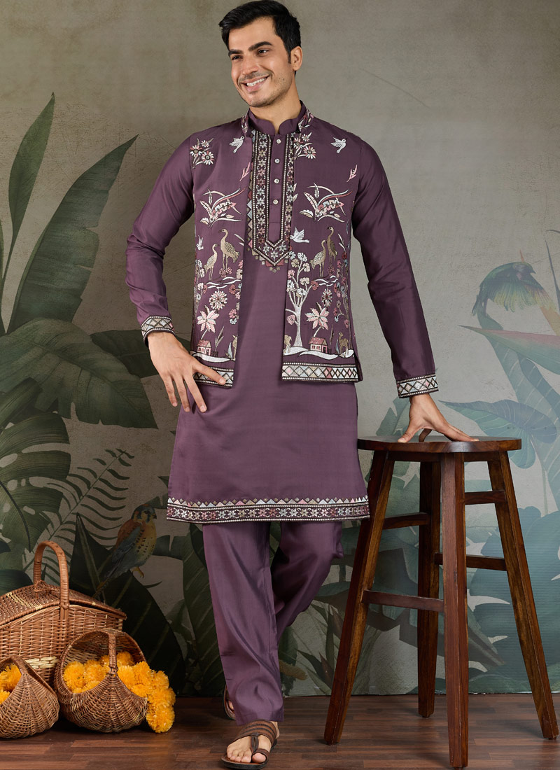 Rust Purple Viscose Silk Thread Embroidered Navratri Kurta Rust Purple Viscose Silk Thread Embroidered Navratri Kurta
