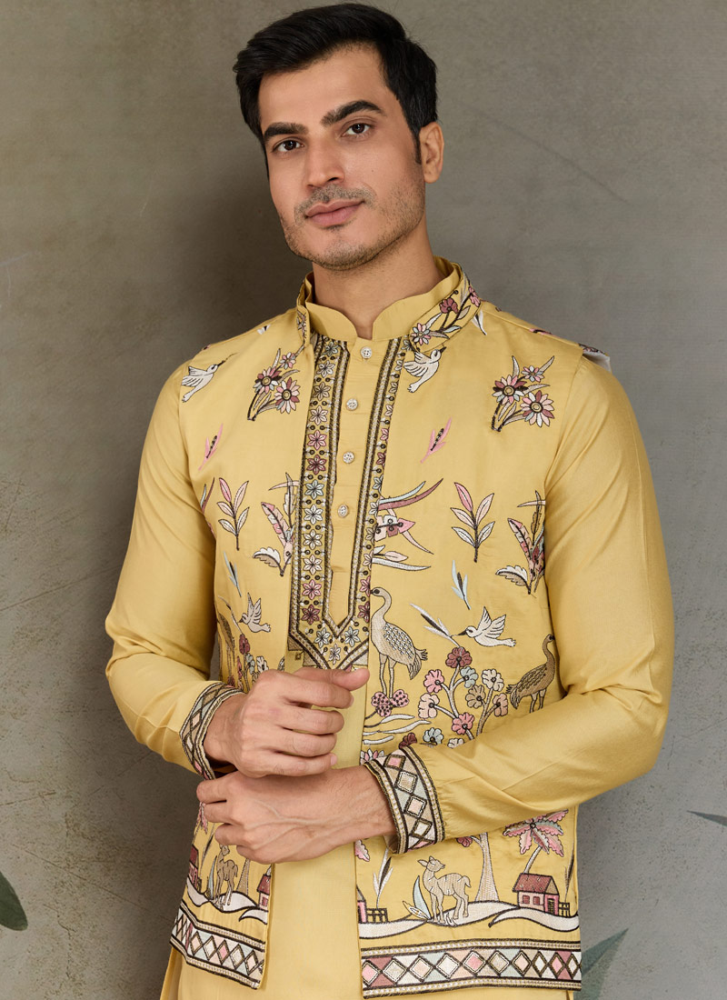 Yellow Viscose Silk Sequins Embroidered Navratri Kurta Yellow Viscose Silk Sequins Embroidered Navratri Kurta