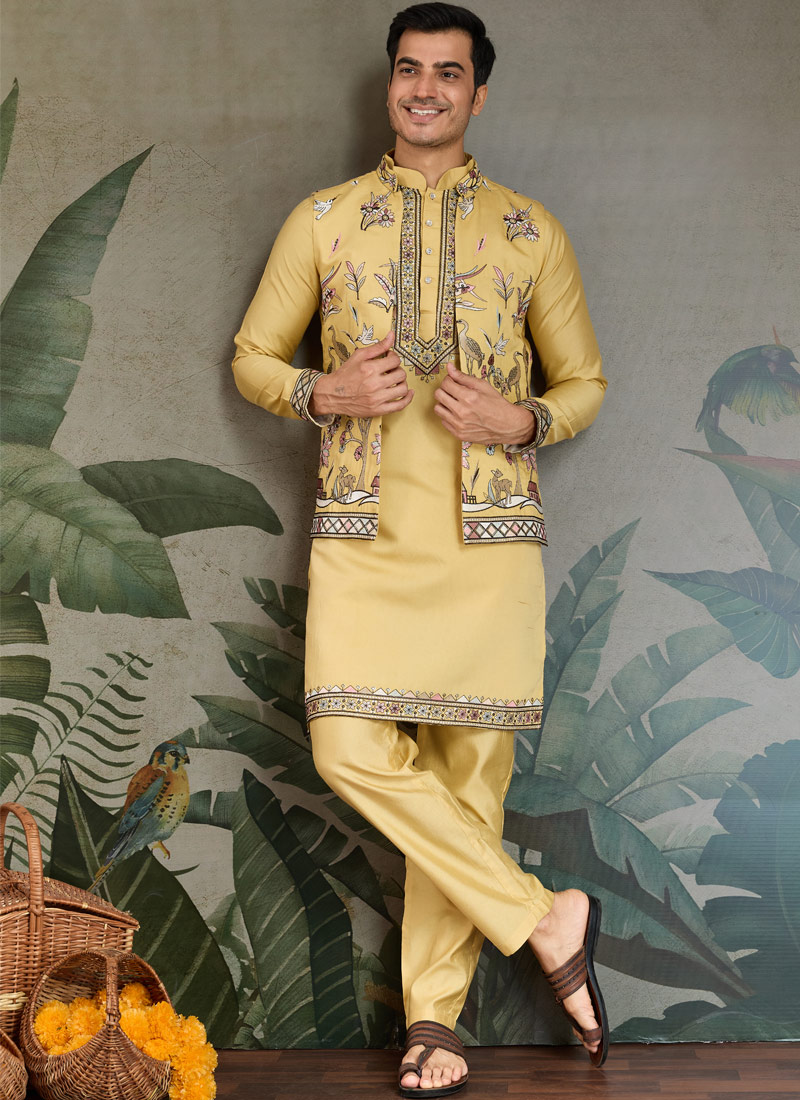 Yellow Viscose Silk Sequins Embroidered Navratri Kurta Yellow Viscose Silk Sequins Embroidered Navratri Kurta