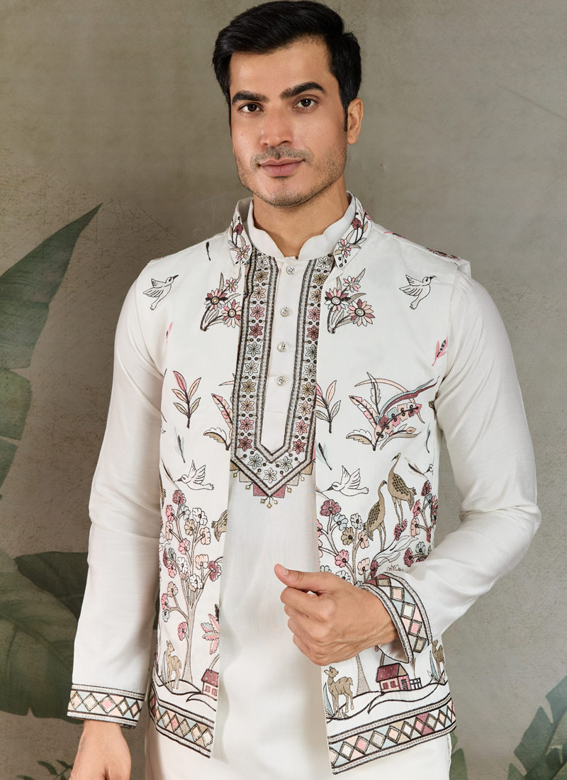 White Viscose Silk Thread Embroidered Navratri Kurta White Viscose Silk Thread Embroidered Navratri Kurta
