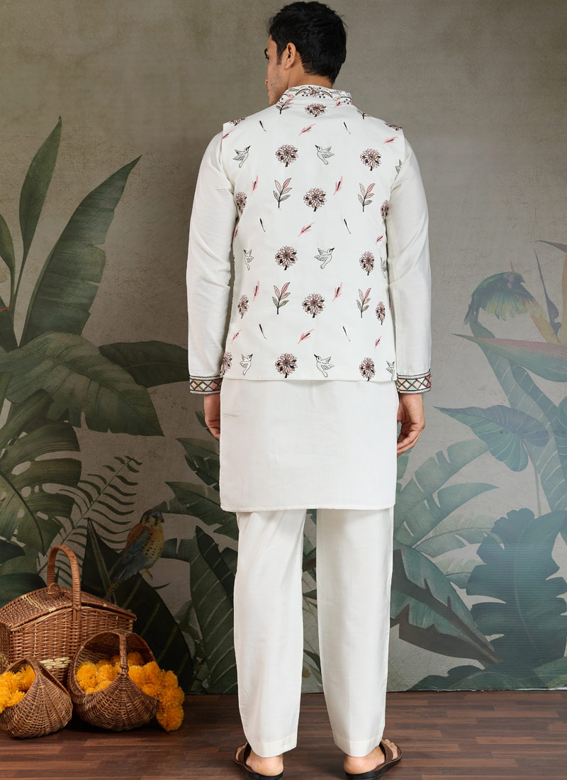 White Viscose Silk Thread Embroidered Navratri Kurta White Viscose Silk Thread Embroidered Navratri Kurta