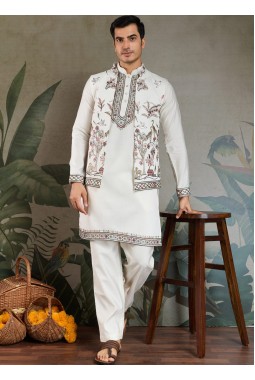 White Viscose Silk Thread Embroidered Navratri Kurta
