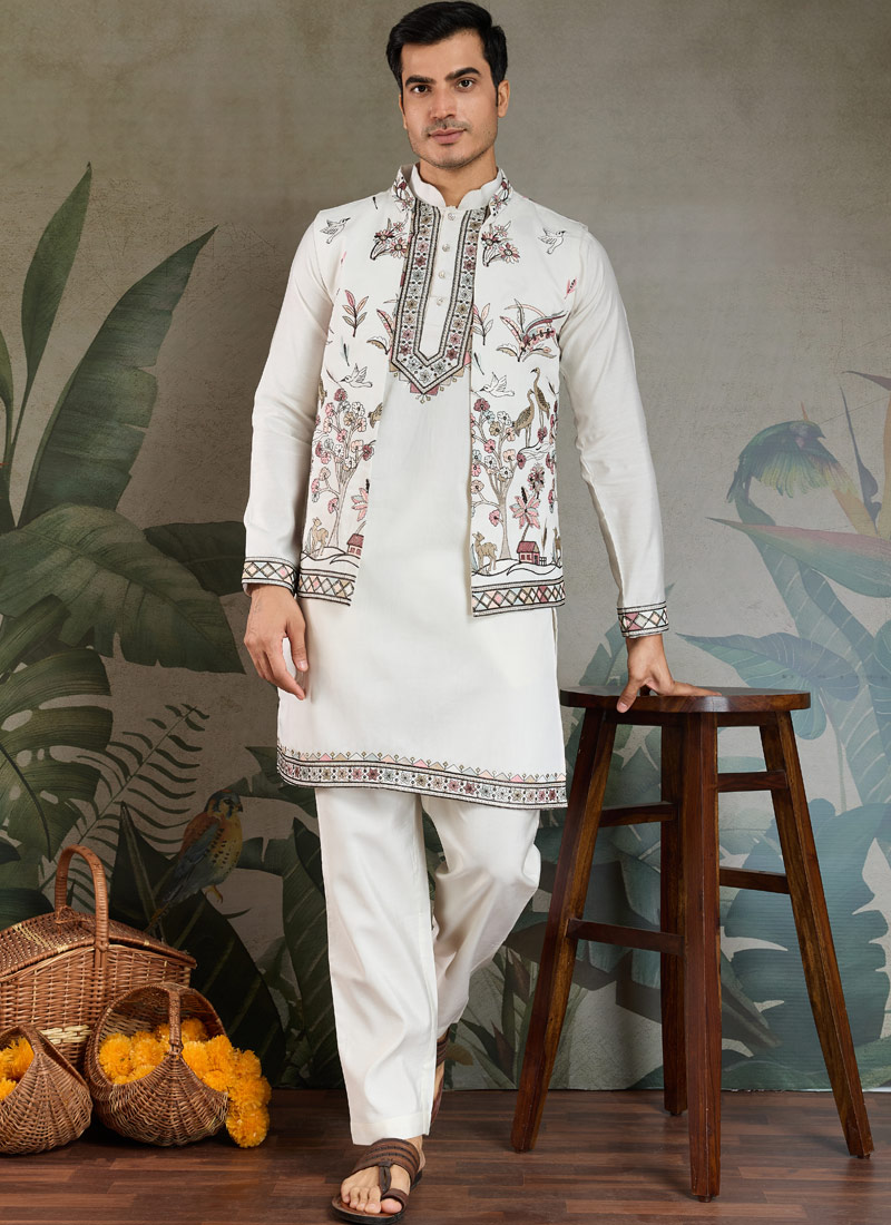 White Viscose Silk Thread Embroidered Navratri Kurta White Viscose Silk Thread Embroidered Navratri Kurta