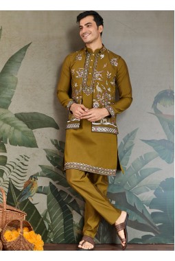 Golden Olive Viscose Silk Sequins Embroidered Navratri Kurta
