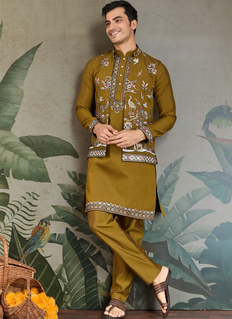 Golden Olive Viscose Silk Sequins Embroidered Navratri Kurta Golden Olive Viscose Silk Sequins Embroidered Navratri Kurta
