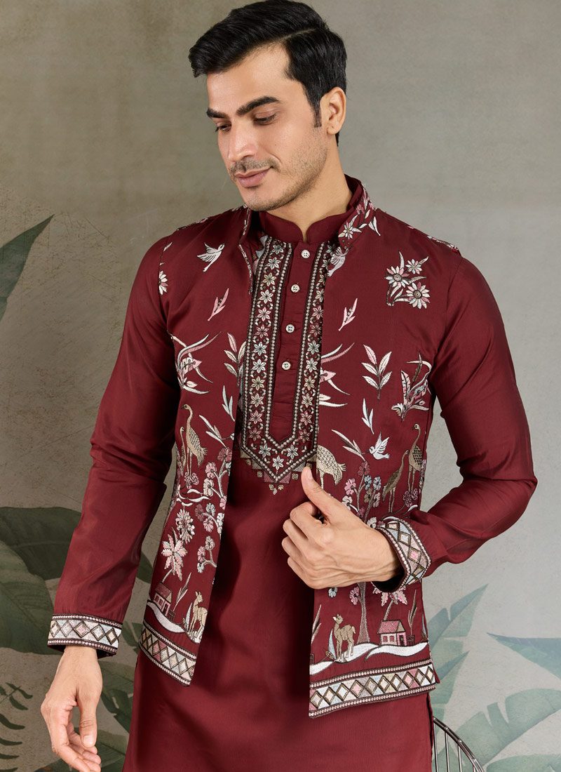 Maroon Viscose Silk Thread Embroidered Navratri Kurta Maroon Viscose Silk Thread Embroidered Navratri Kurta