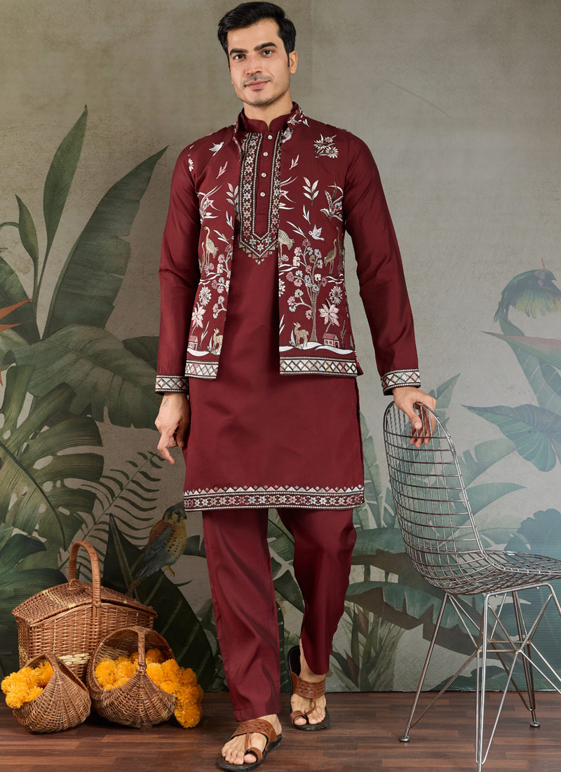 Maroon Viscose Silk Thread Embroidered Navratri Kurta Maroon Viscose Silk Thread Embroidered Navratri Kurta