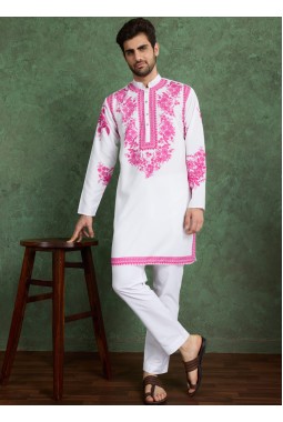 White And Pink Viscose Rayon Digital Print Designer Kurta