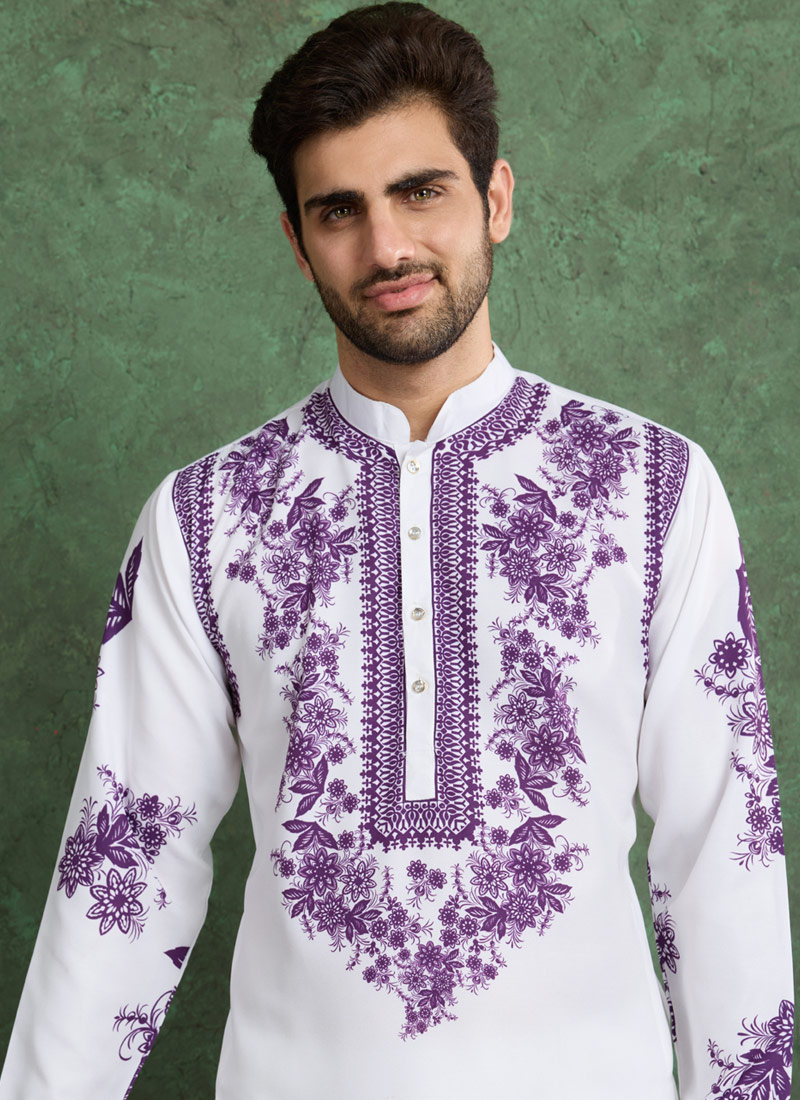 White And Purple Viscose Rayon Digital Print Designer Kurta White And Purple Viscose Rayon Digital Print Designer Kurta
